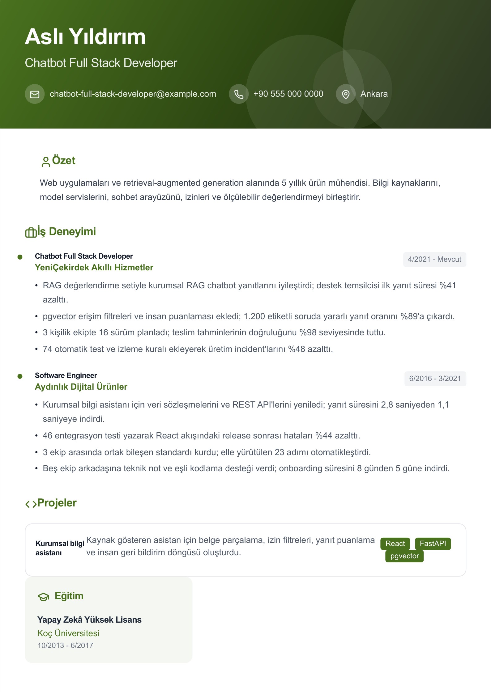 Chatbot Full Stack Developer CV Örneği - Türkçe CV örneği