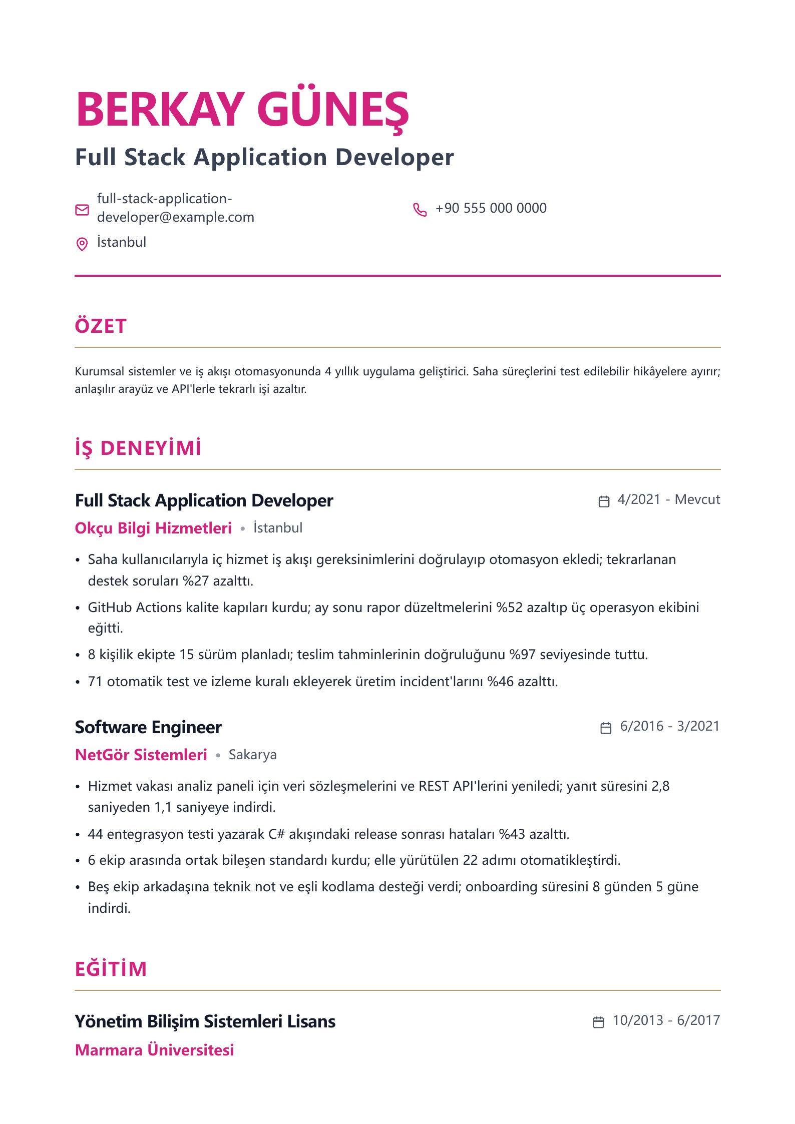 Full Stack Application Developer CV Örneği - Türkçe CV örneği
