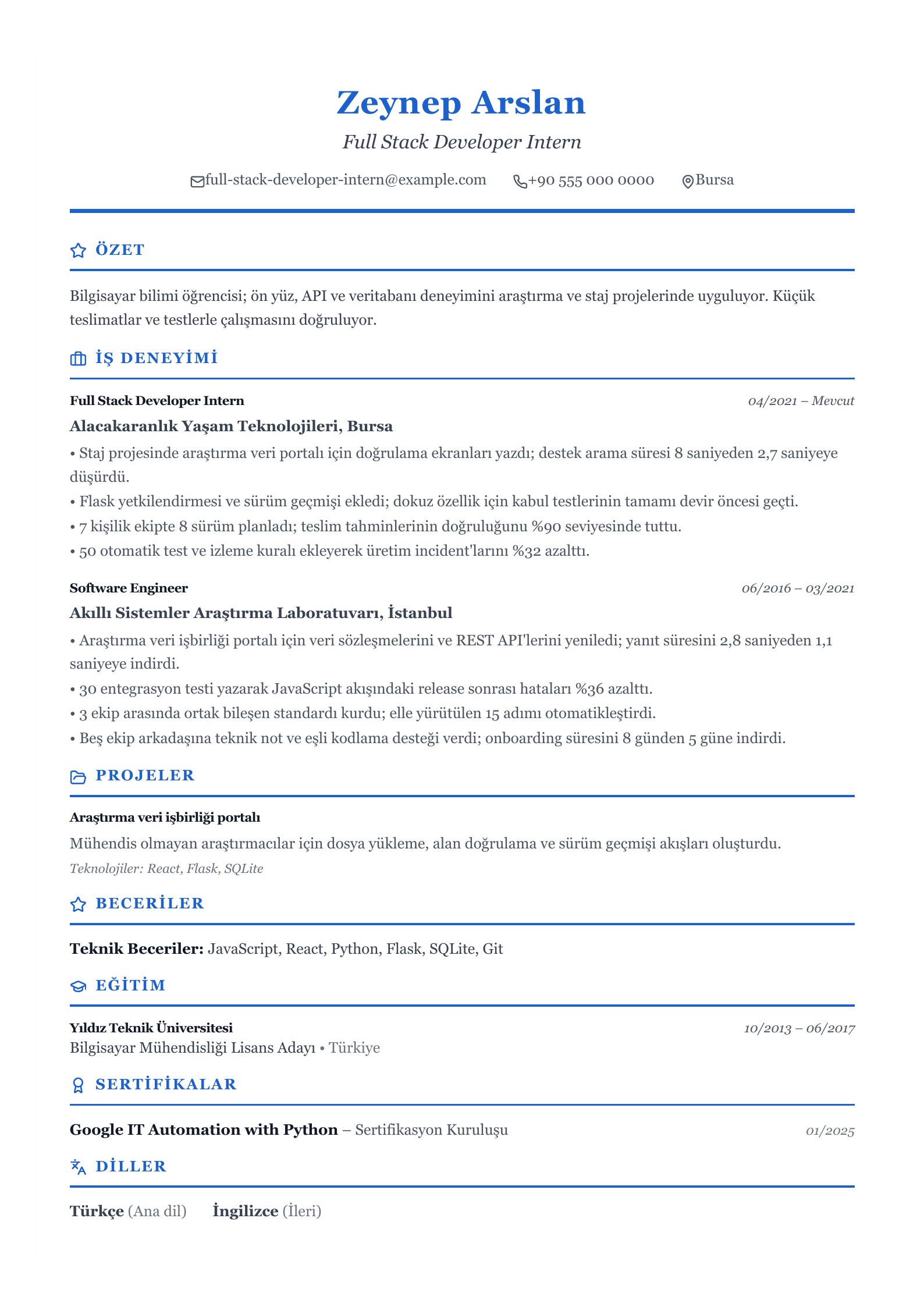 Full Stack Developer Stajyer CV Örneği - Türkçe CV örneği