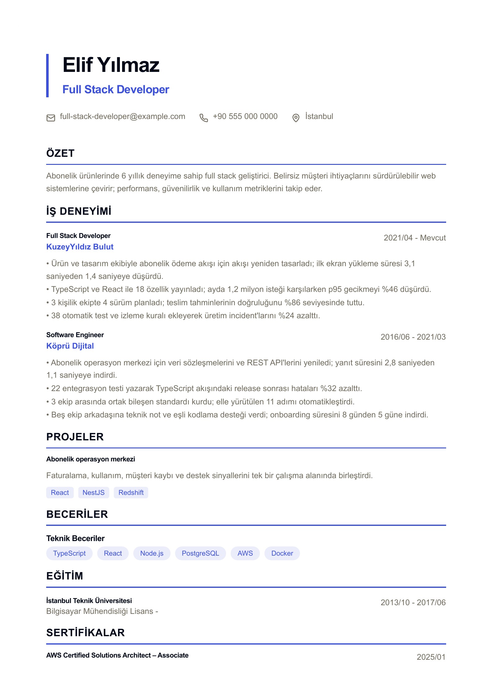 Full Stack Developer CV Örneği - Türkçe CV örneği