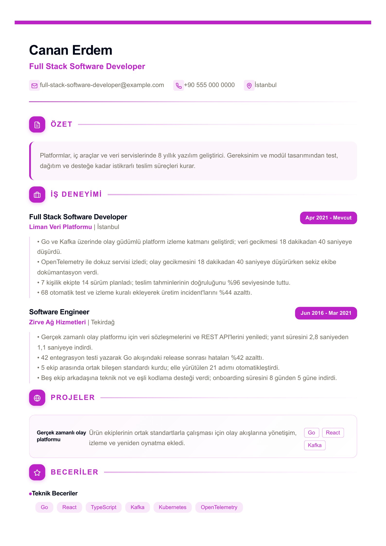 Full Stack Software Developer CV Örneği - Türkçe CV örneği