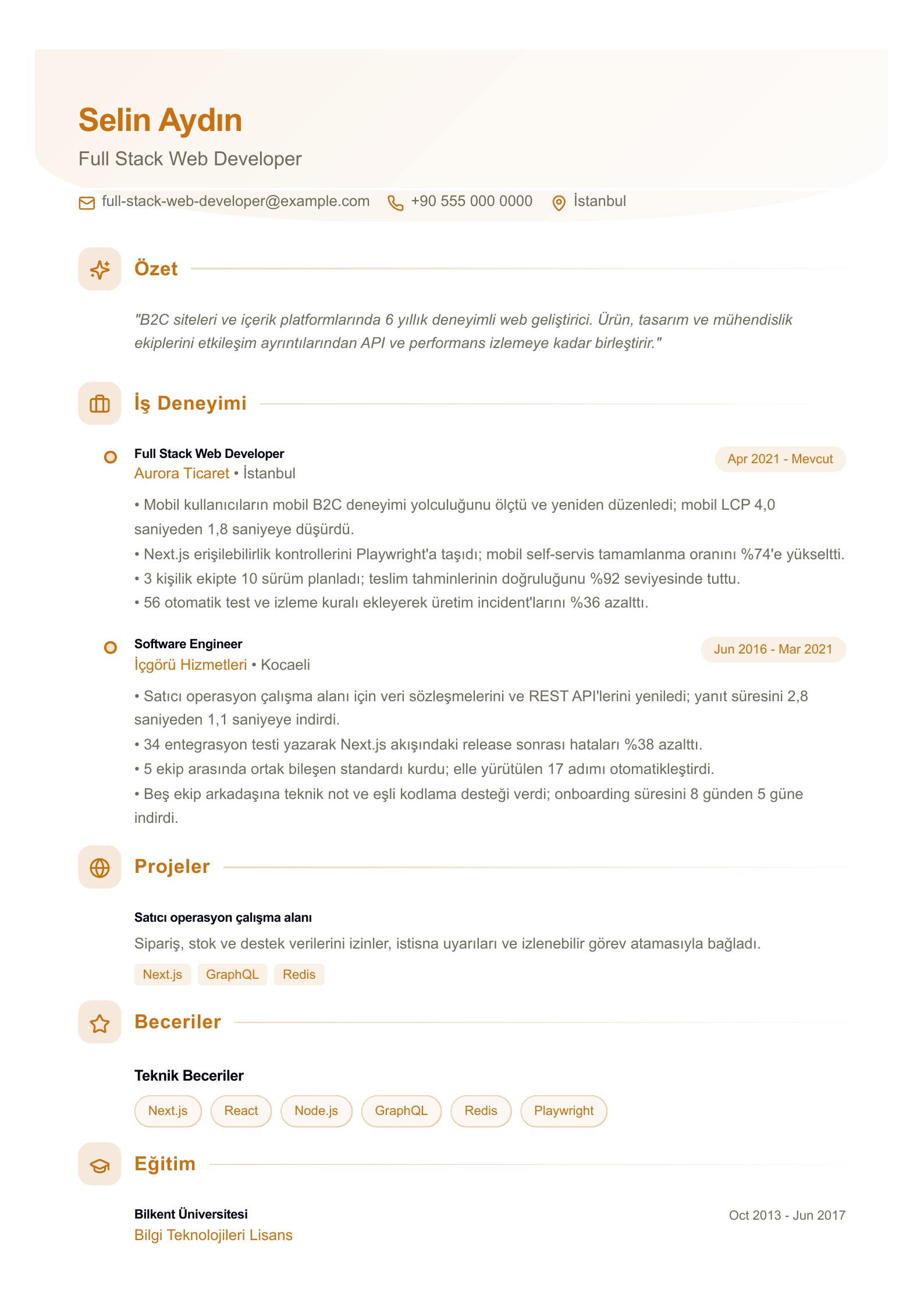 Full Stack Web Developer CV Örneği - Türkçe CV örneği