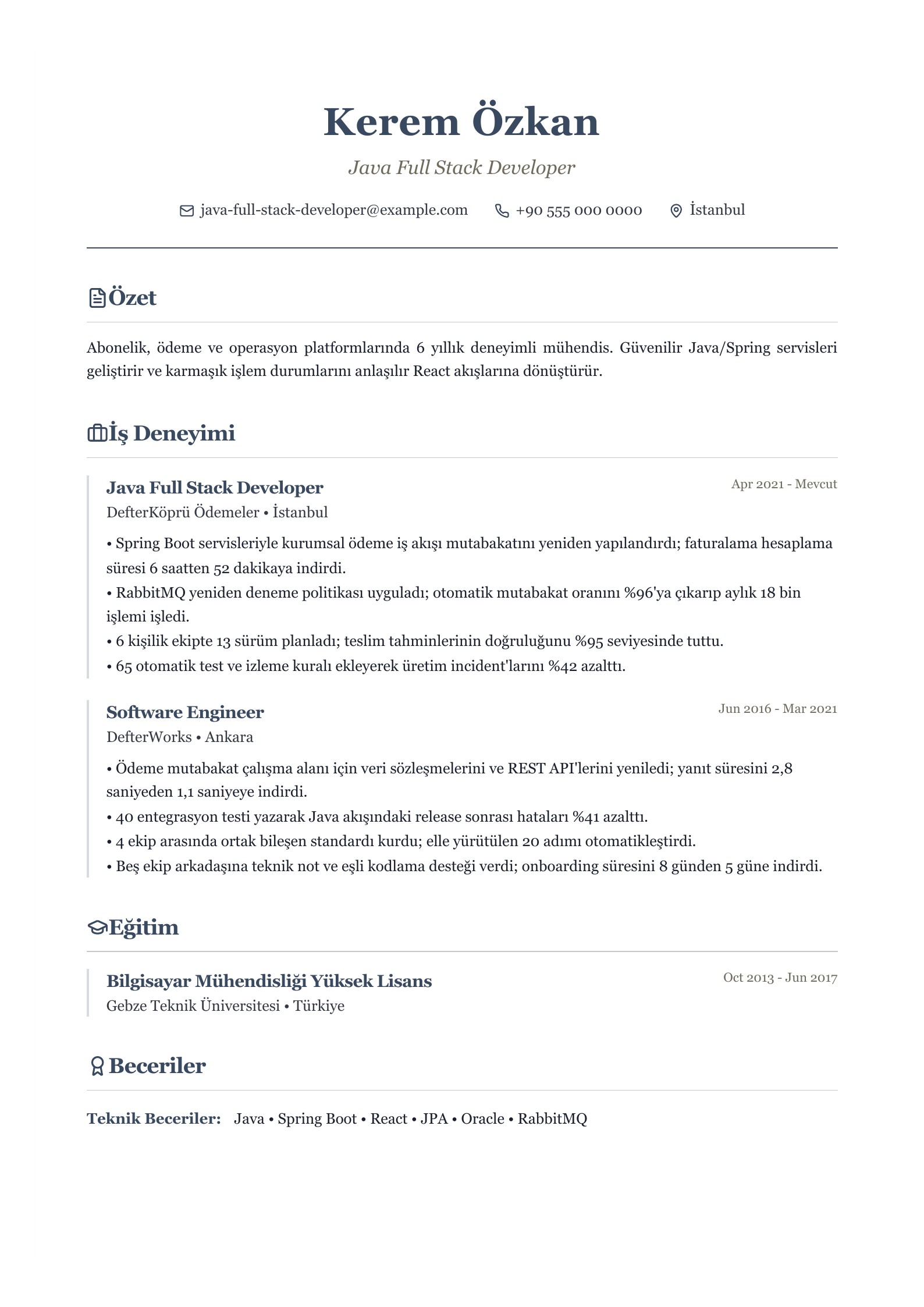 Java Full Stack Developer CV Örneği - Türkçe CV örneği