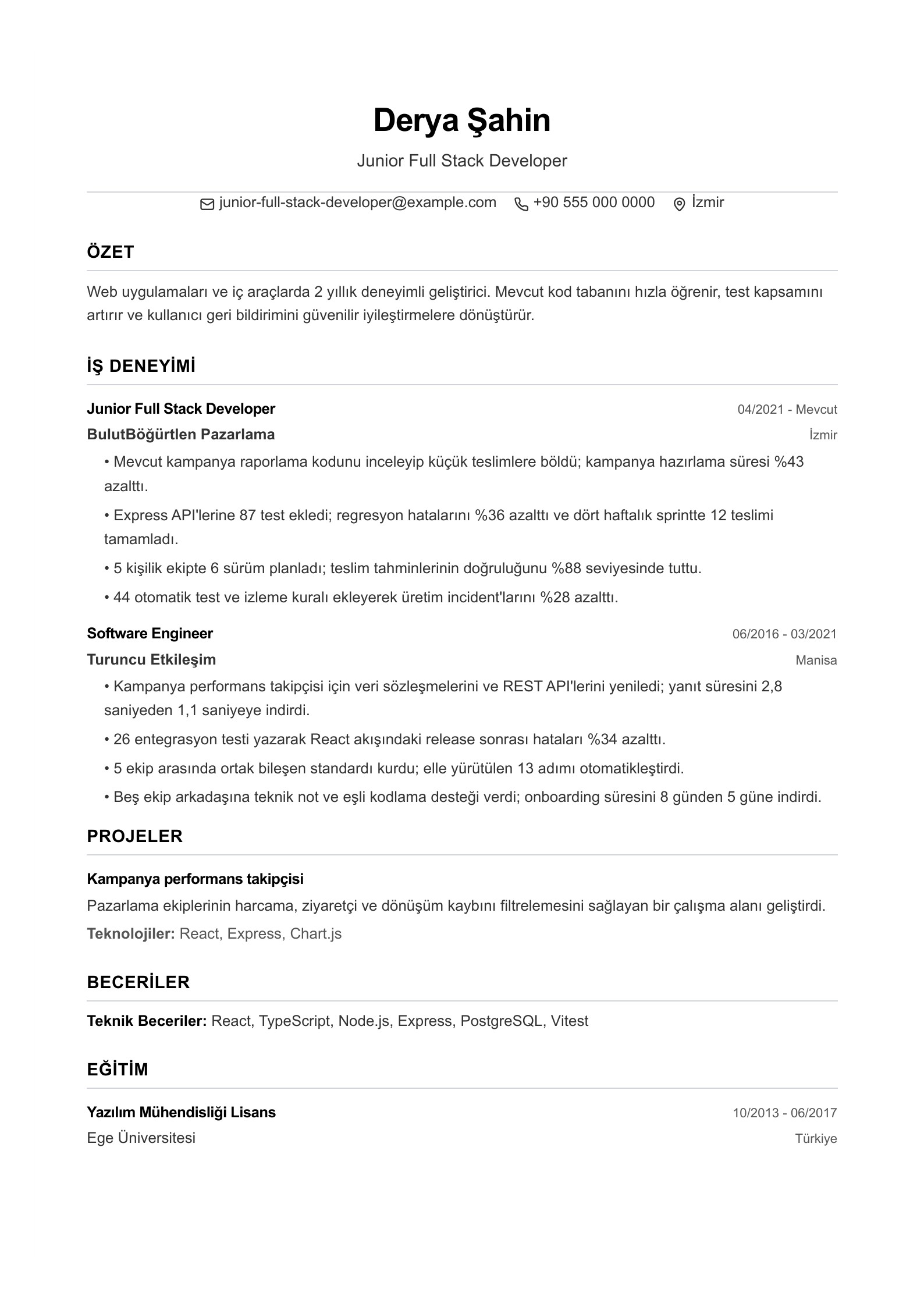 Junior Full Stack Developer CV Örneği - Türkçe CV örneği