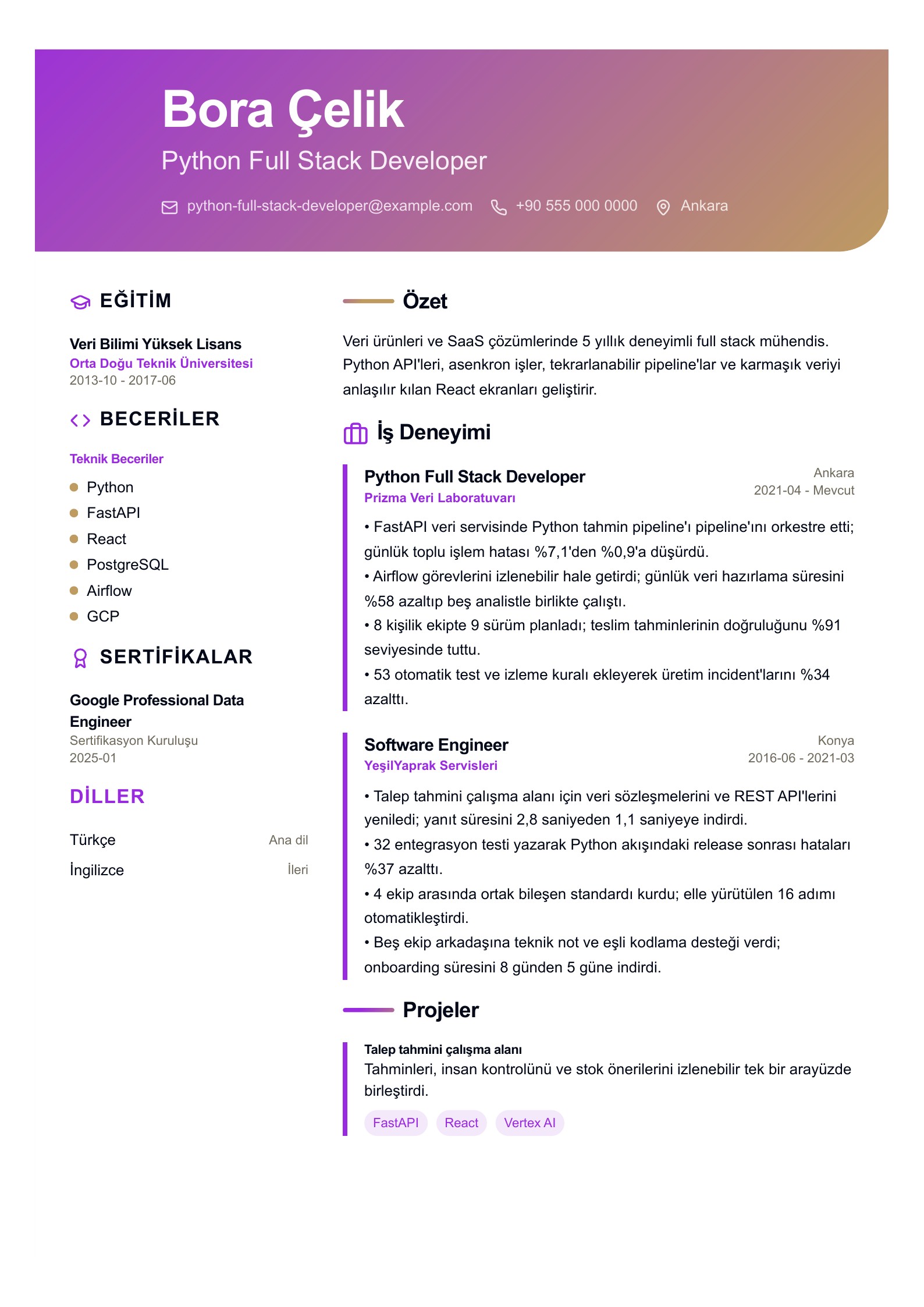 Python Full Stack Developer CV Örneği - Türkçe CV örneği