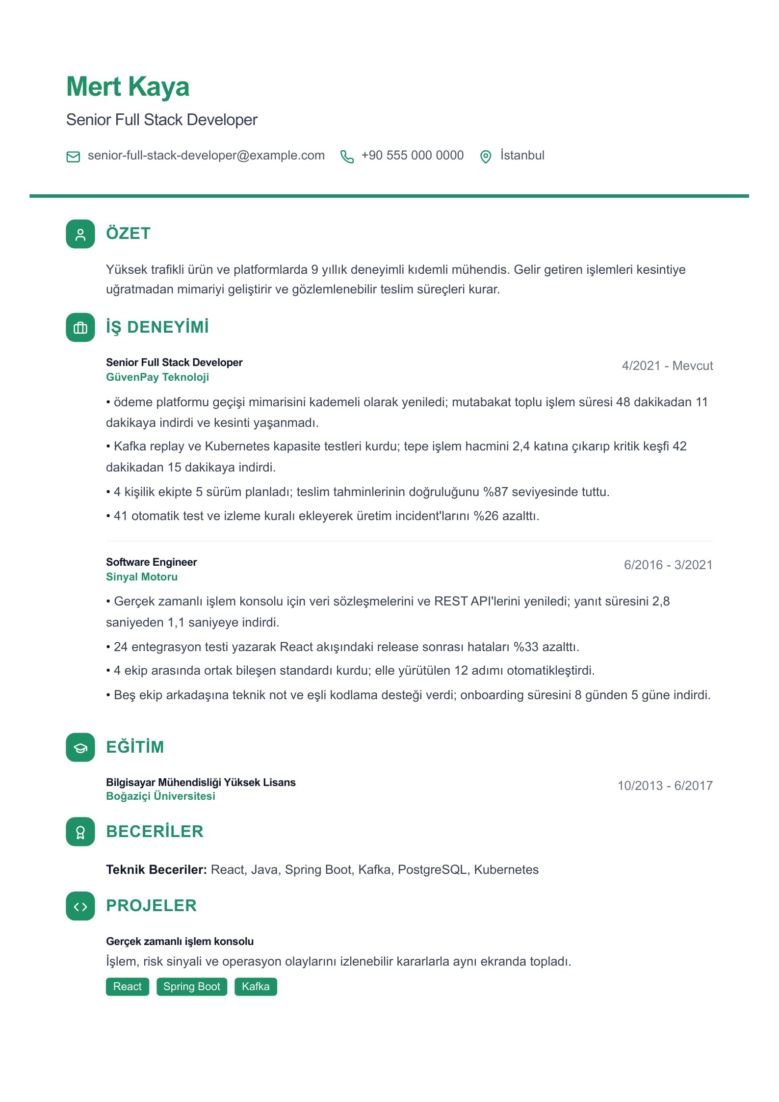 Kıdemli Full Stack Developer CV Örneği - Türkçe CV örneği