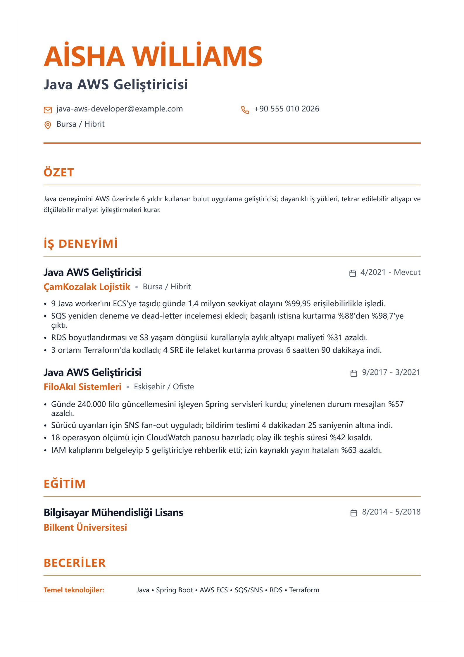 Java AWS Geliştirici Özgeçmiş Örneği - Türkçe önizleme