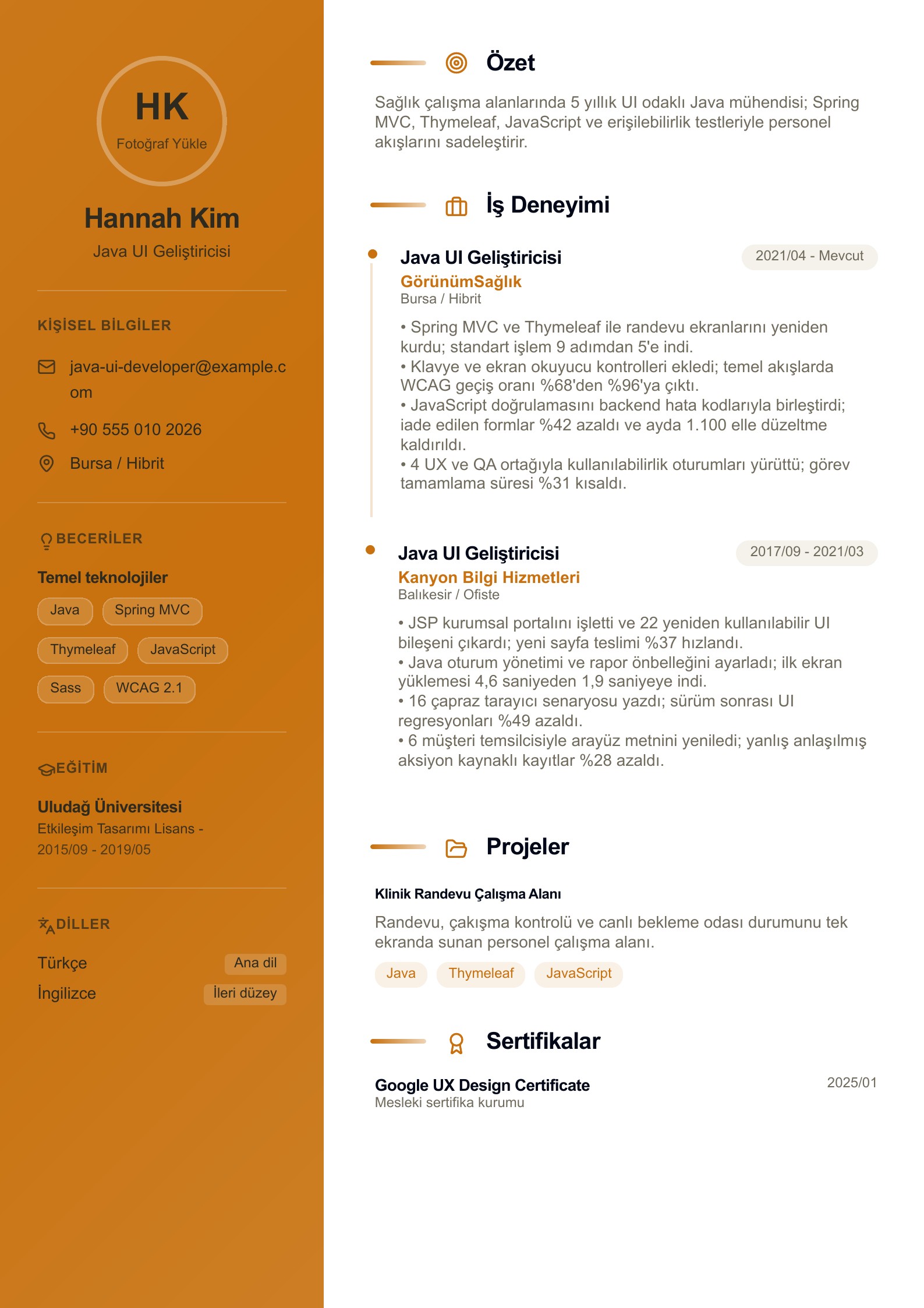 Java UI Geliştirici Özgeçmiş Örneği - Türkçe önizleme