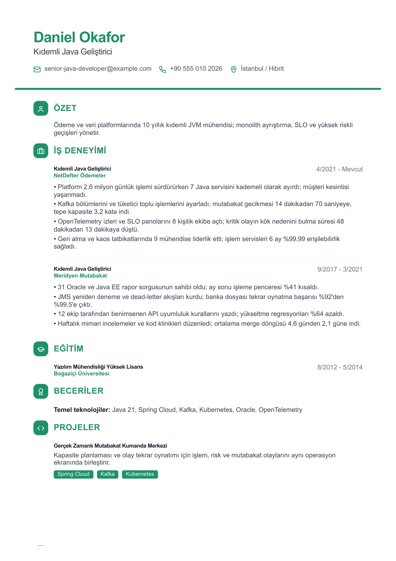 Kıdemli Java Geliştirici Özgeçmiş Örneği - Türkçe önizleme