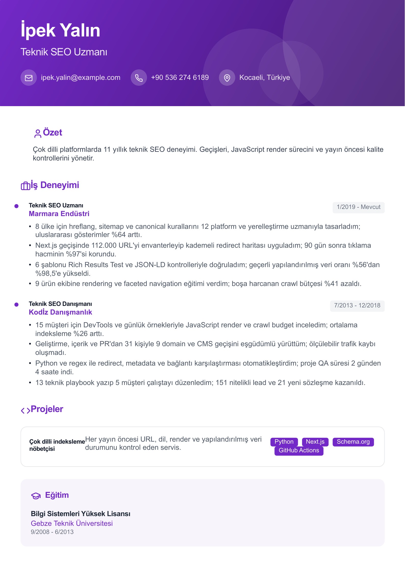 SEO Uzmanı - Türkçe SEO CV örneği