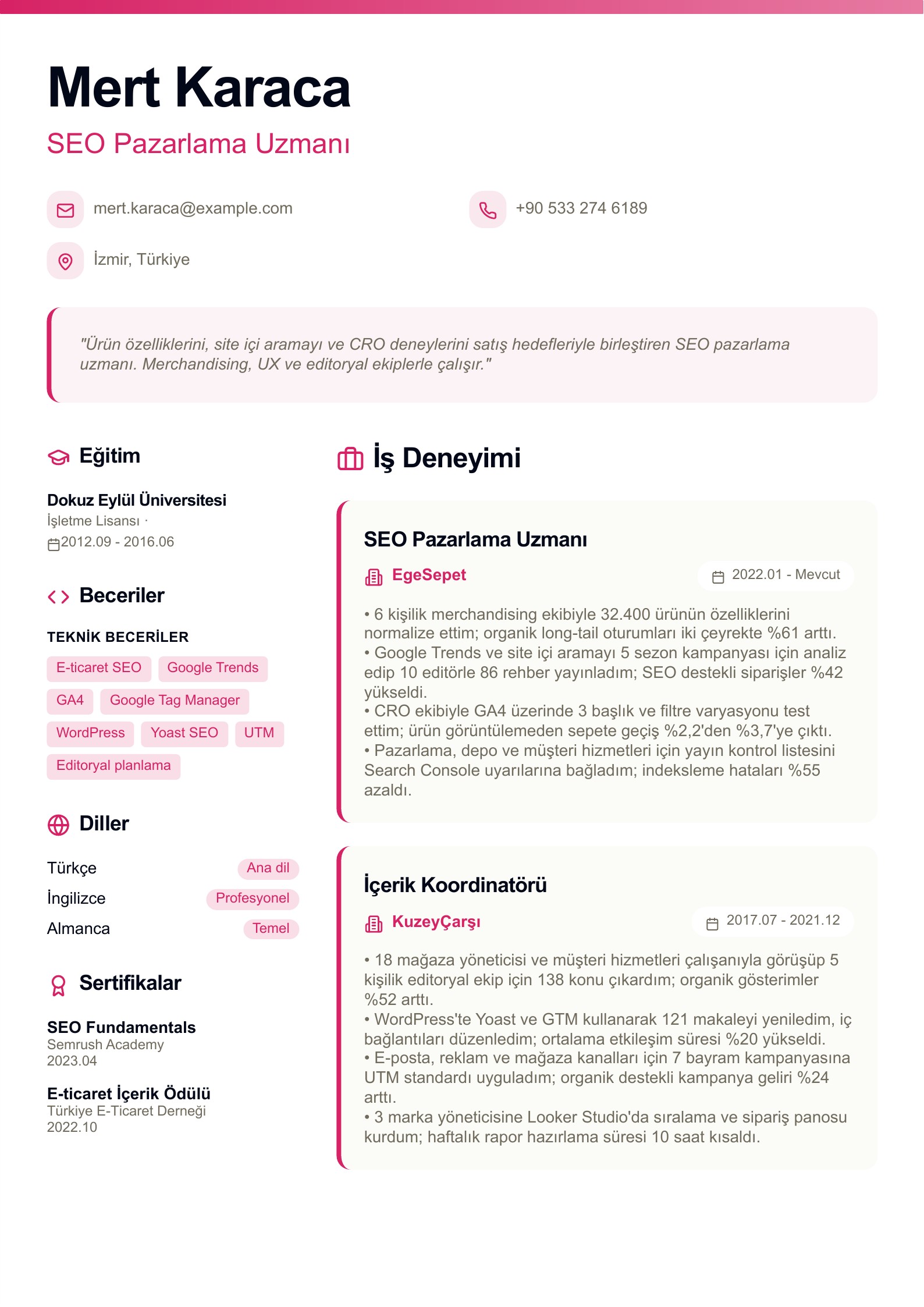 SEO Pazarlama Uzmanı - Türkçe SEO CV örneği