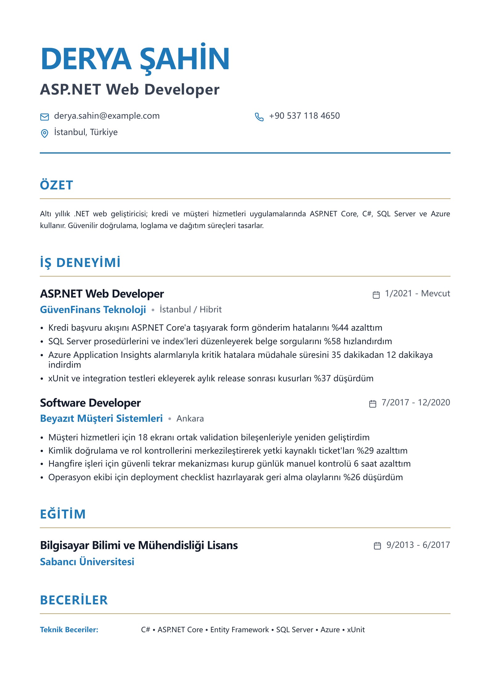Türkçe Web Developer CV Örnekleri PDF olarak indirin önizlemesi