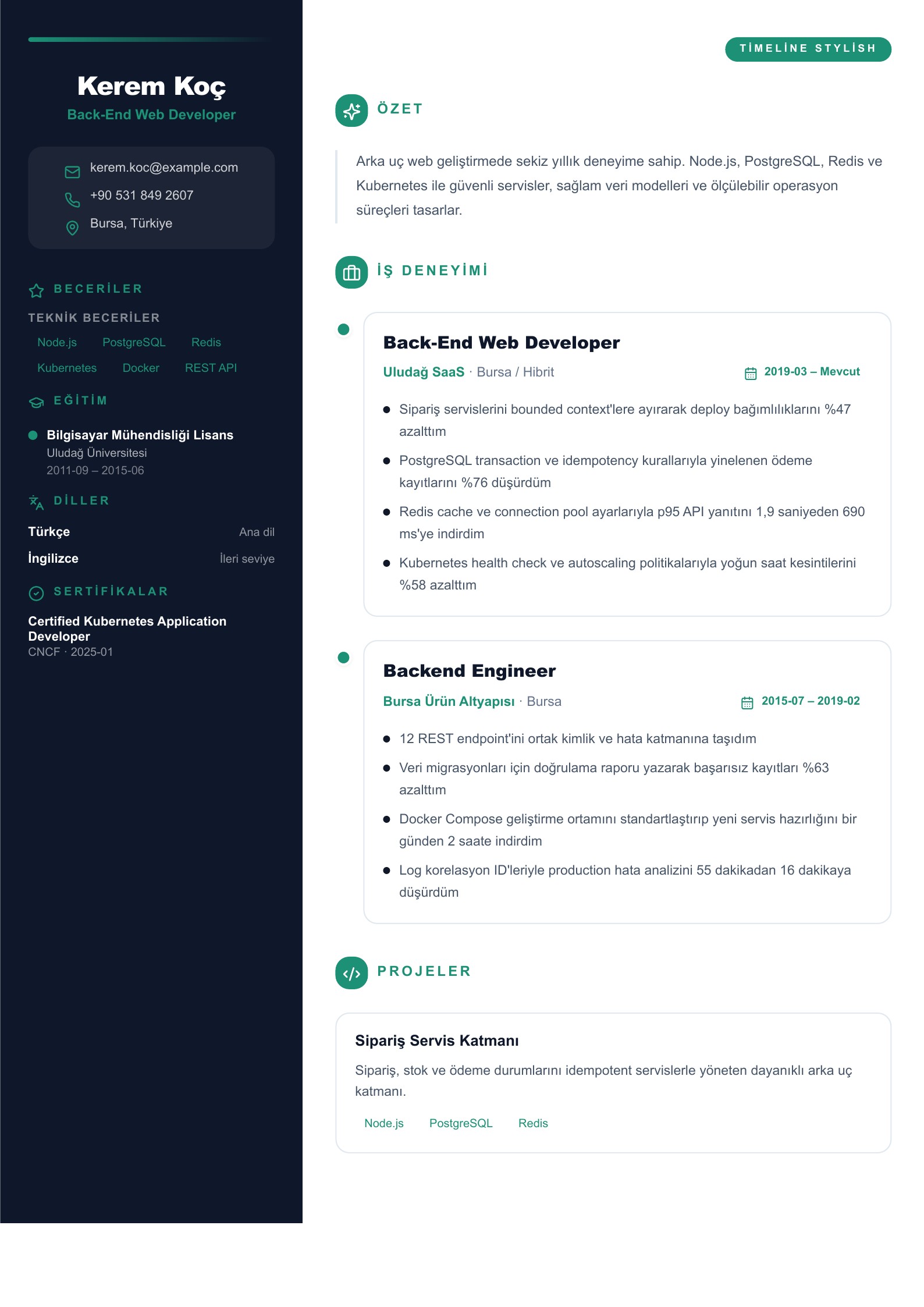 Back-End Web Developer CV Örneği - Türkçe CV örneği
