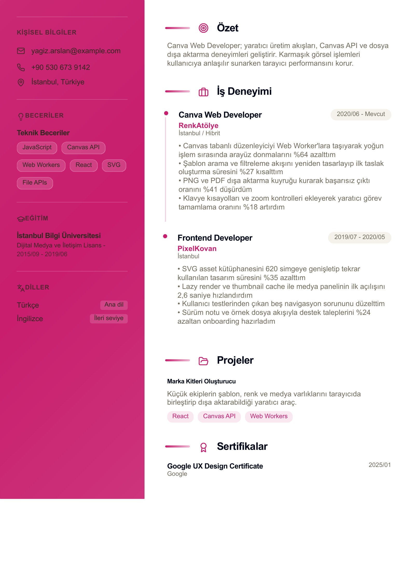 Canva Web Developer CV Örneği - Türkçe CV örneği