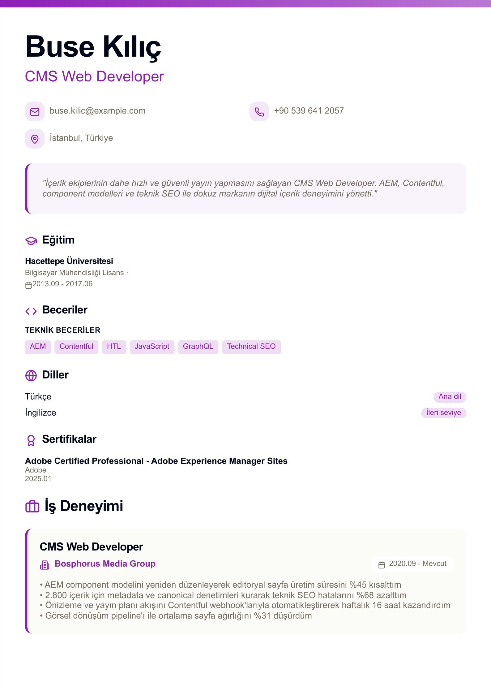 CMS Web Developer CV Örneği - Türkçe CV örneği