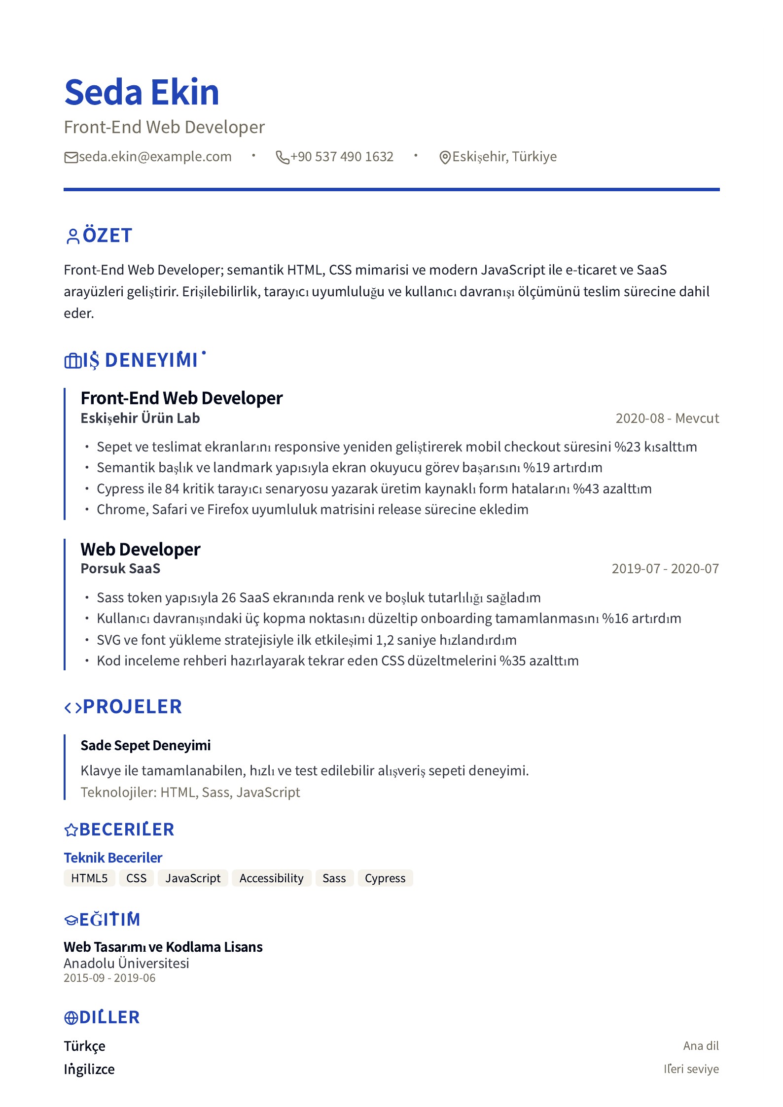 Front-End Web Developer CV Örneği - Türkçe CV örneği