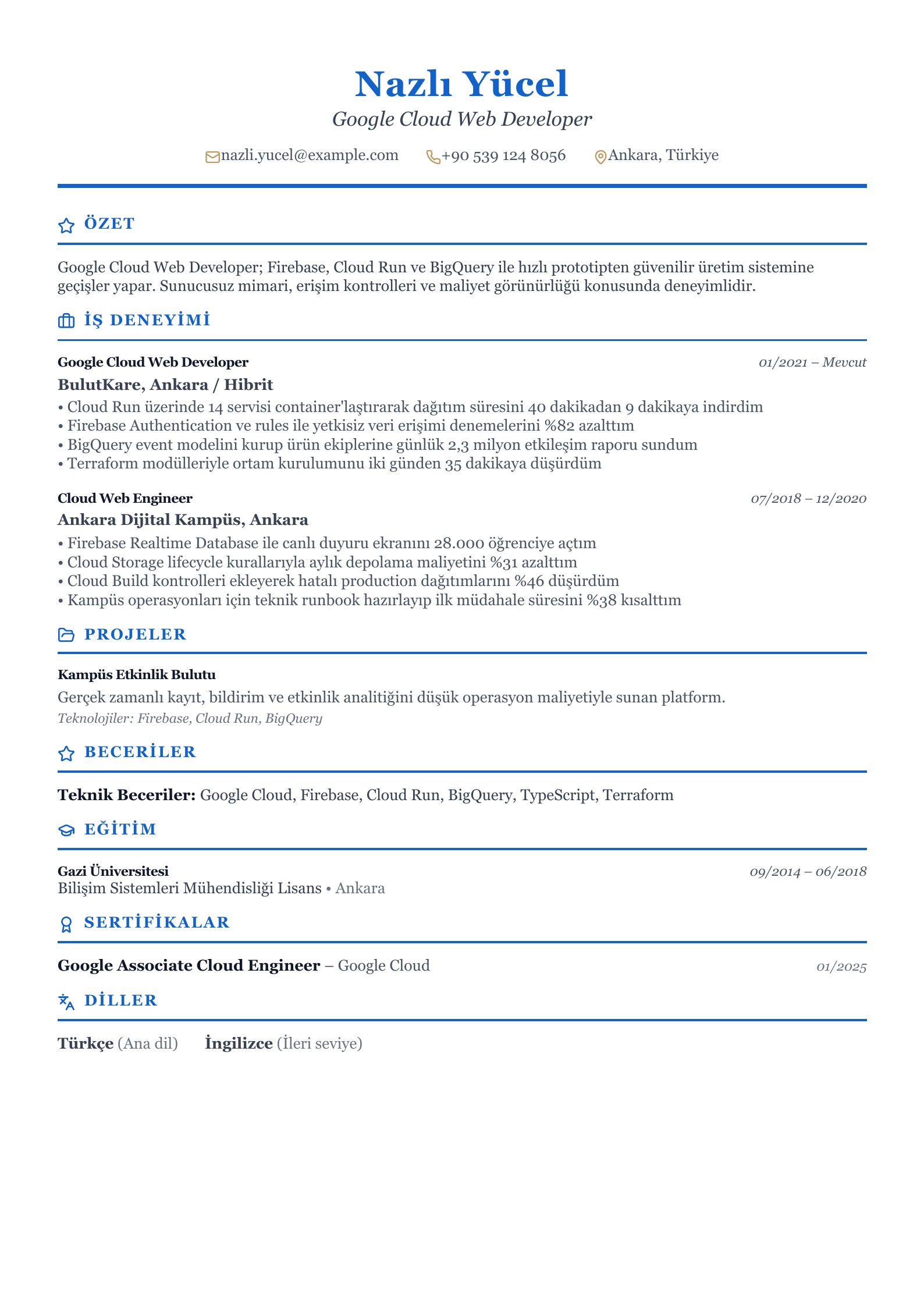Google Cloud Web Developer CV Örneği - Türkçe CV örneği