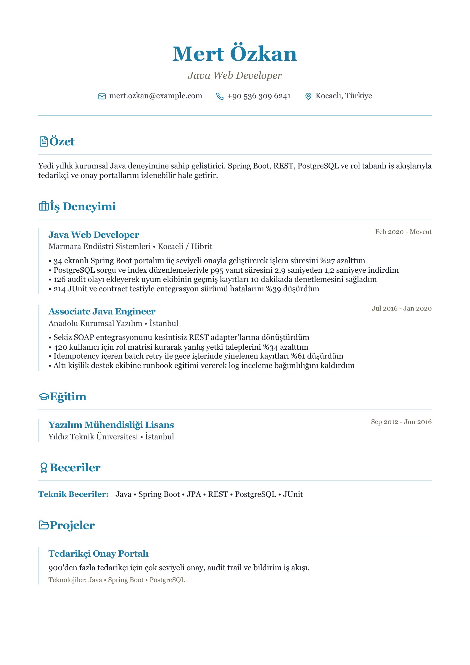 Java Web Developer CV Örneği - Türkçe CV örneği