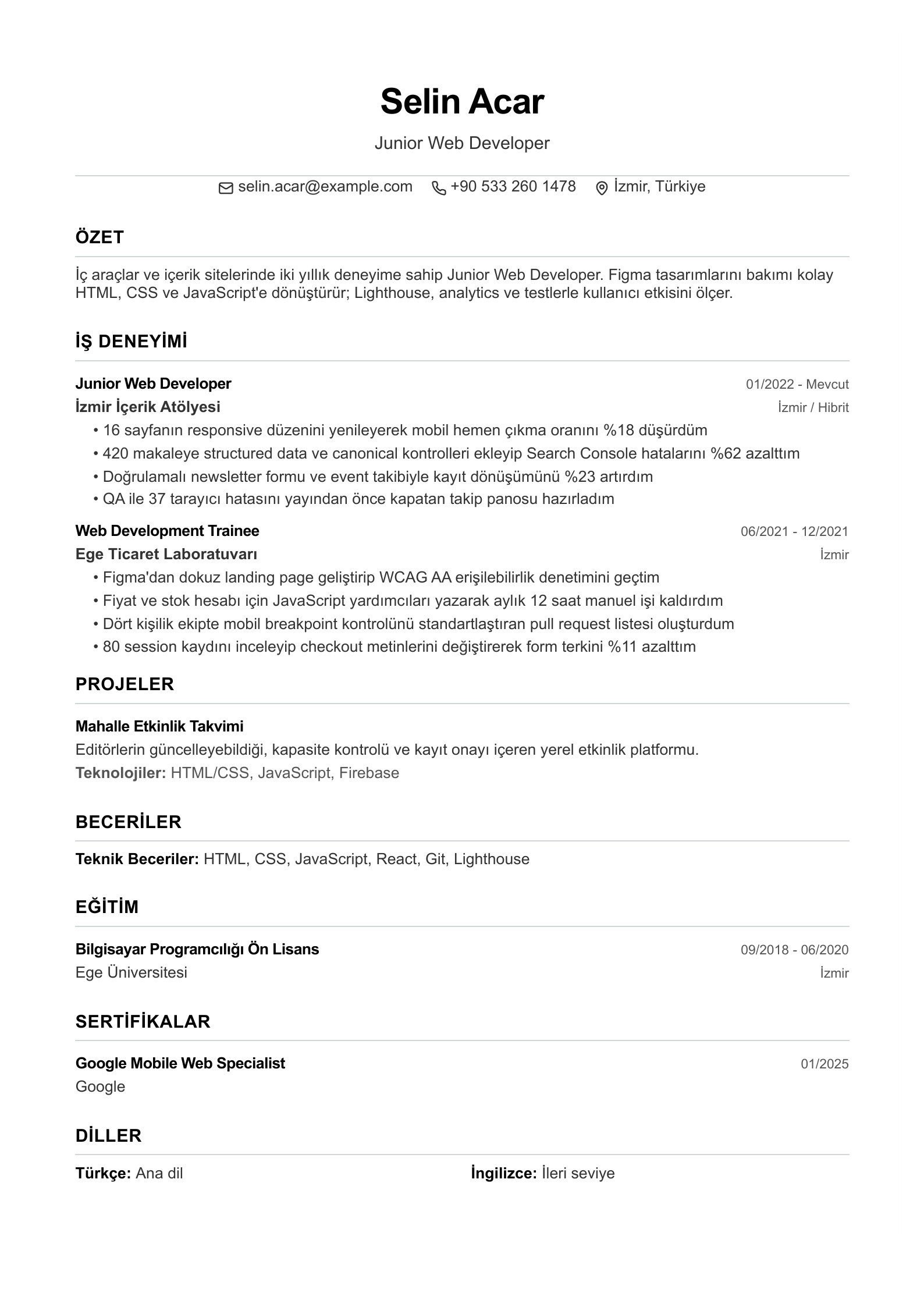 Junior Web Developer CV Örneği - Türkçe CV örneği