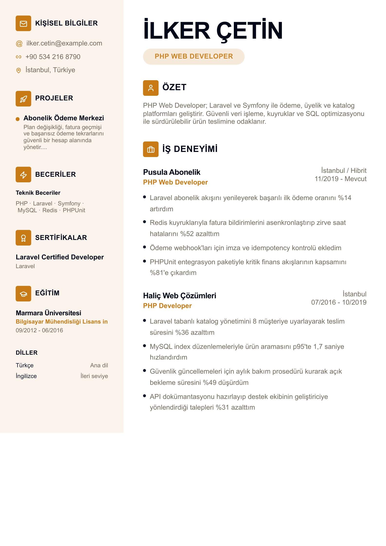 PHP Web Developer CV Örneği - Türkçe CV örneği