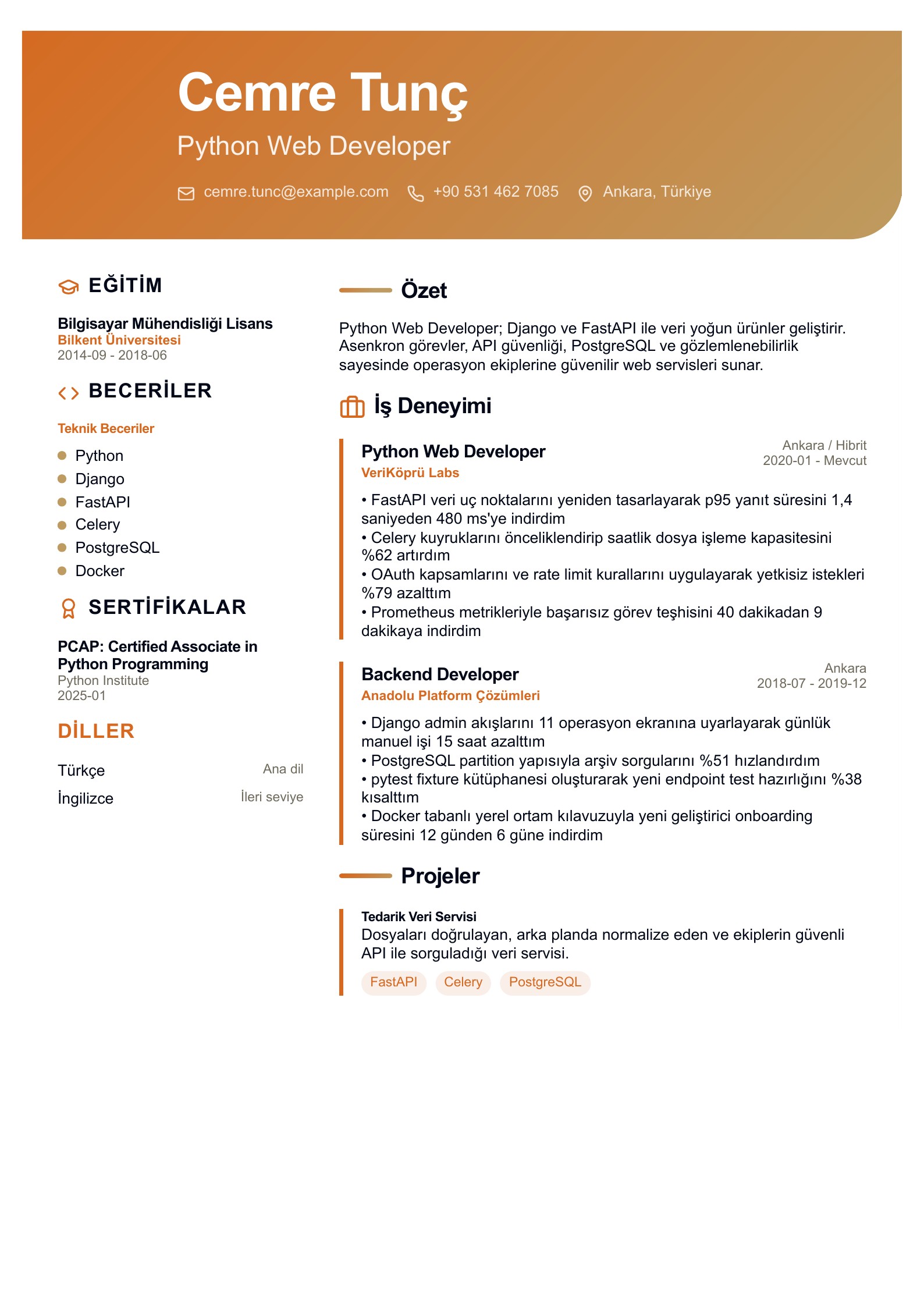 Python Web Developer CV Örneği - Türkçe CV örneği