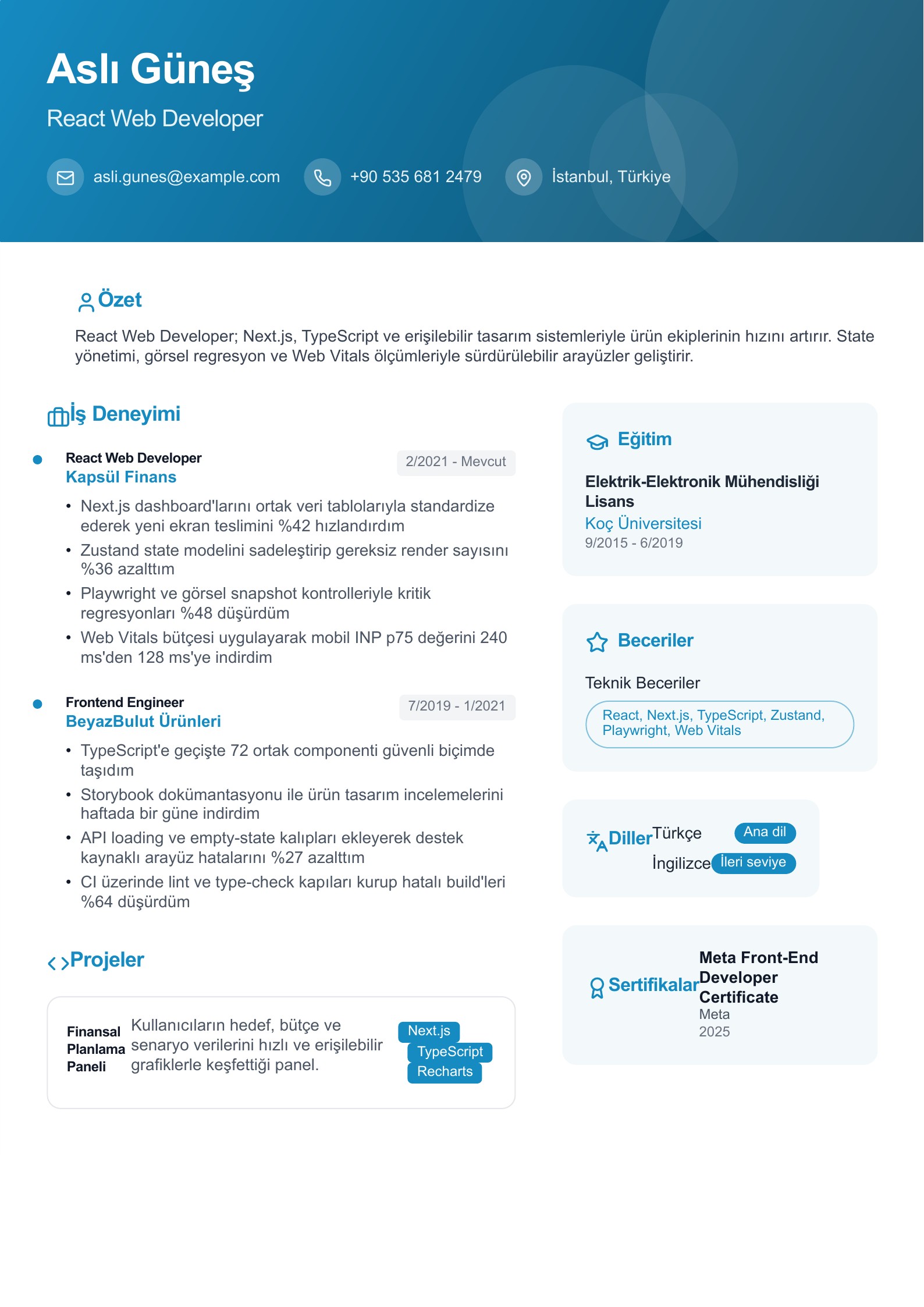 React Web Developer CV Örneği - Türkçe CV örneği