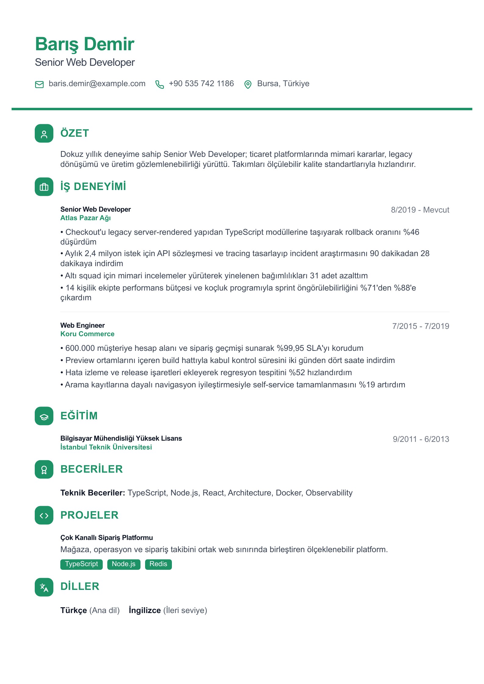 Senior Web Developer CV Örneği - Türkçe CV örneği