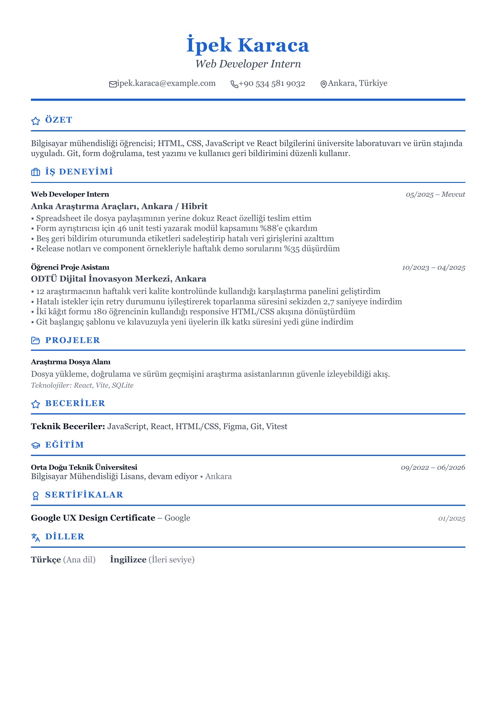 Web Developer Stajyeri CV Örneği - Türkçe CV örneği