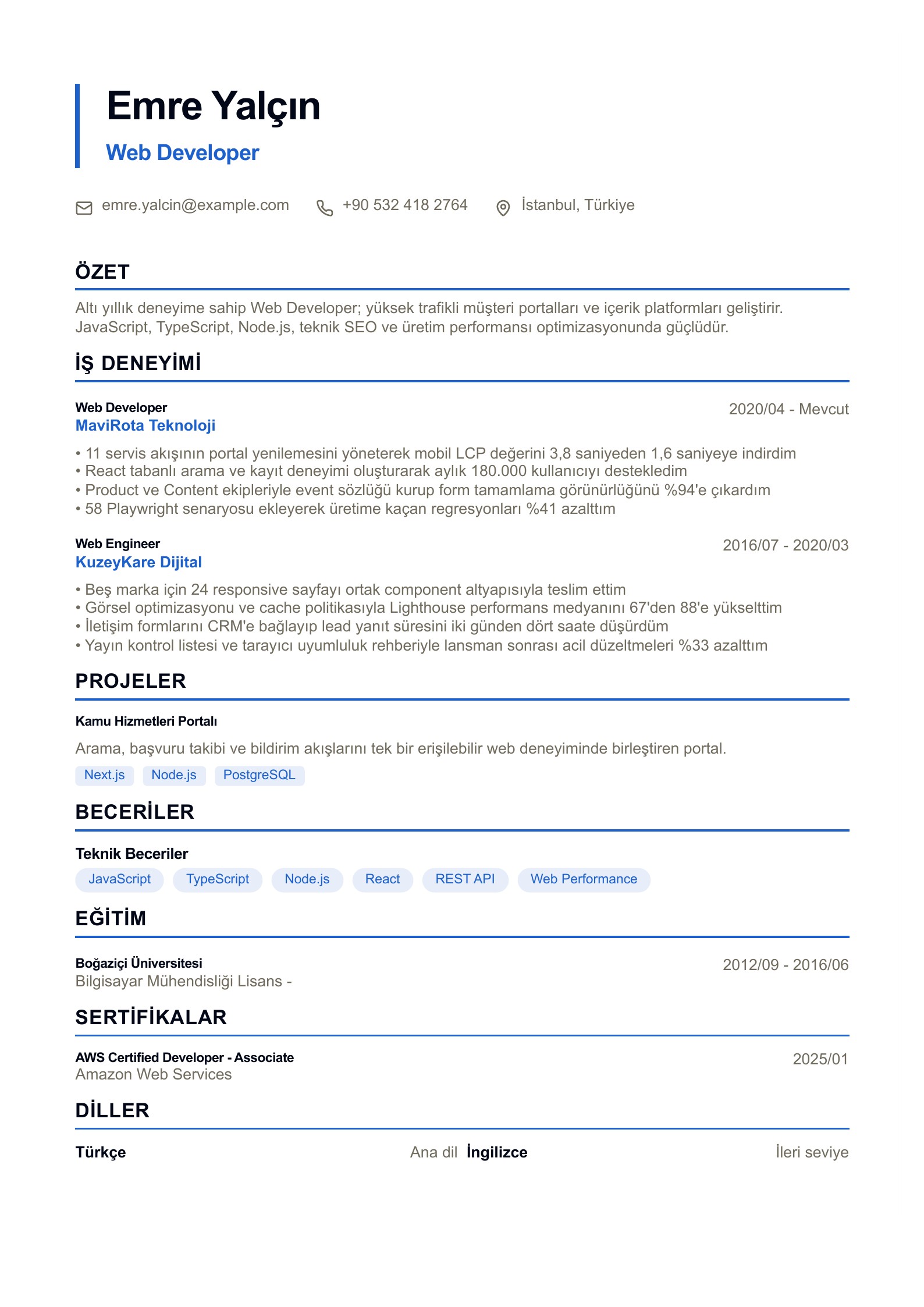 Web Developer CV Örneği - Türkçe CV örneği