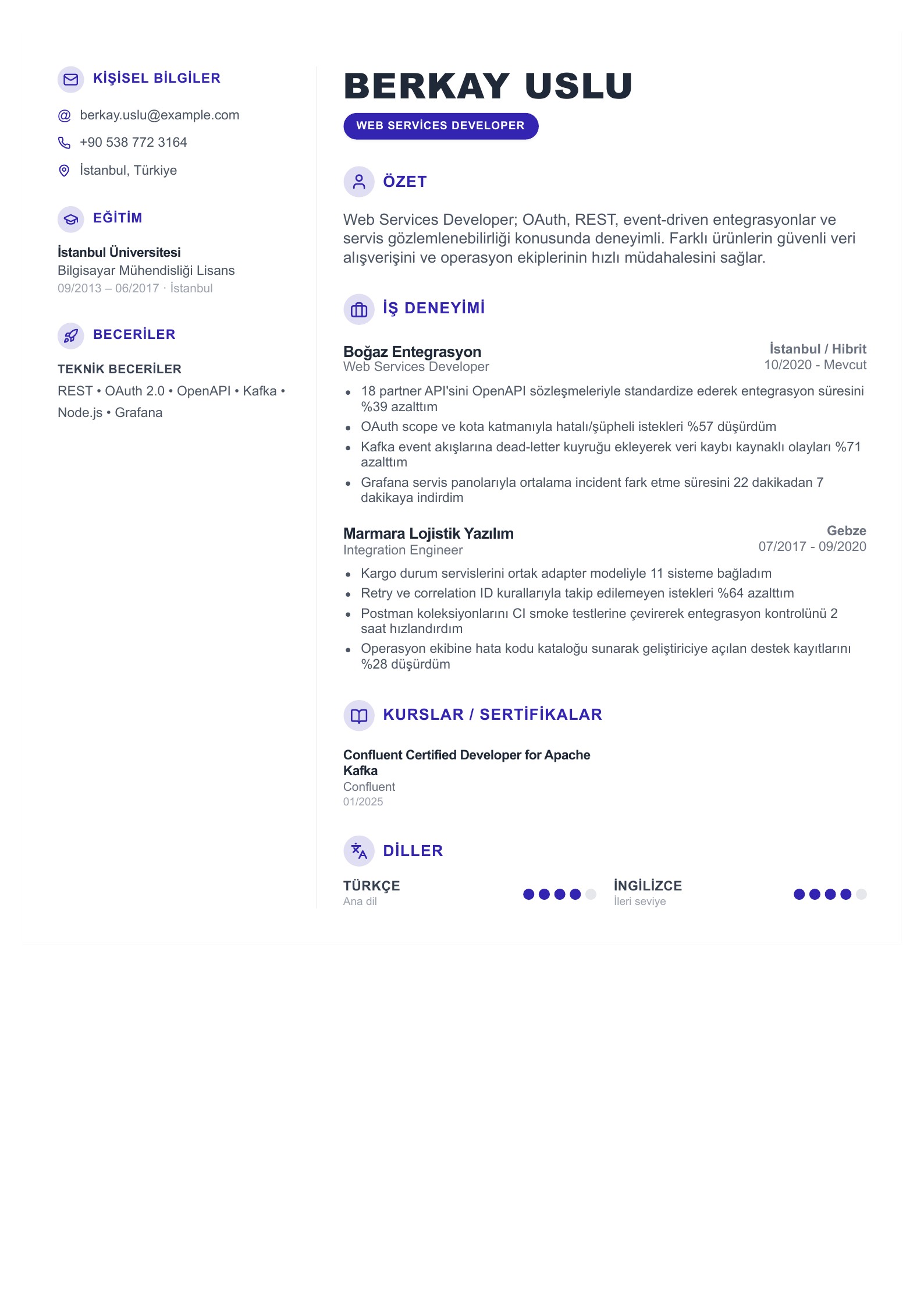 Web Services Developer CV Örneği - Türkçe CV örneği
