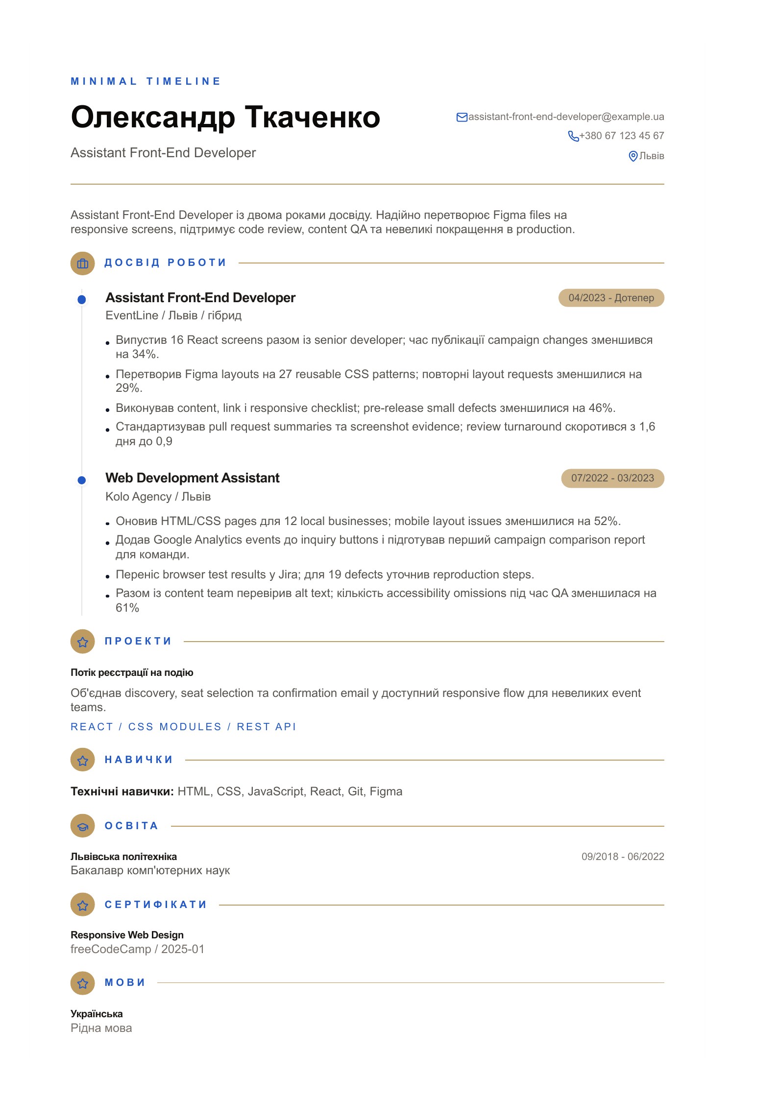 Резюме Assistant Front-End Developer - український приклад резюме
