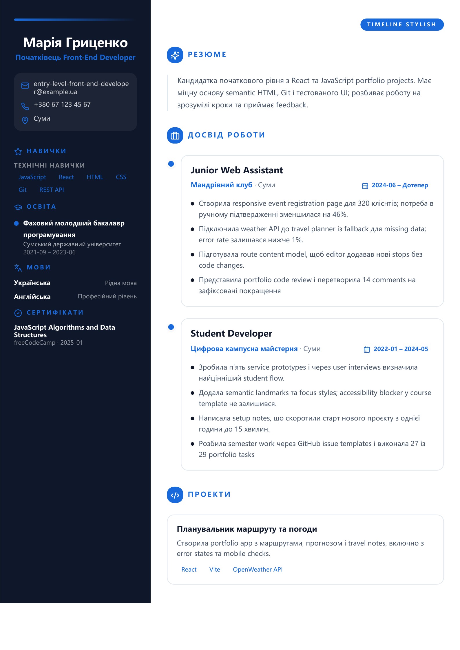 Резюме початківця Front-End Developer - український приклад резюме