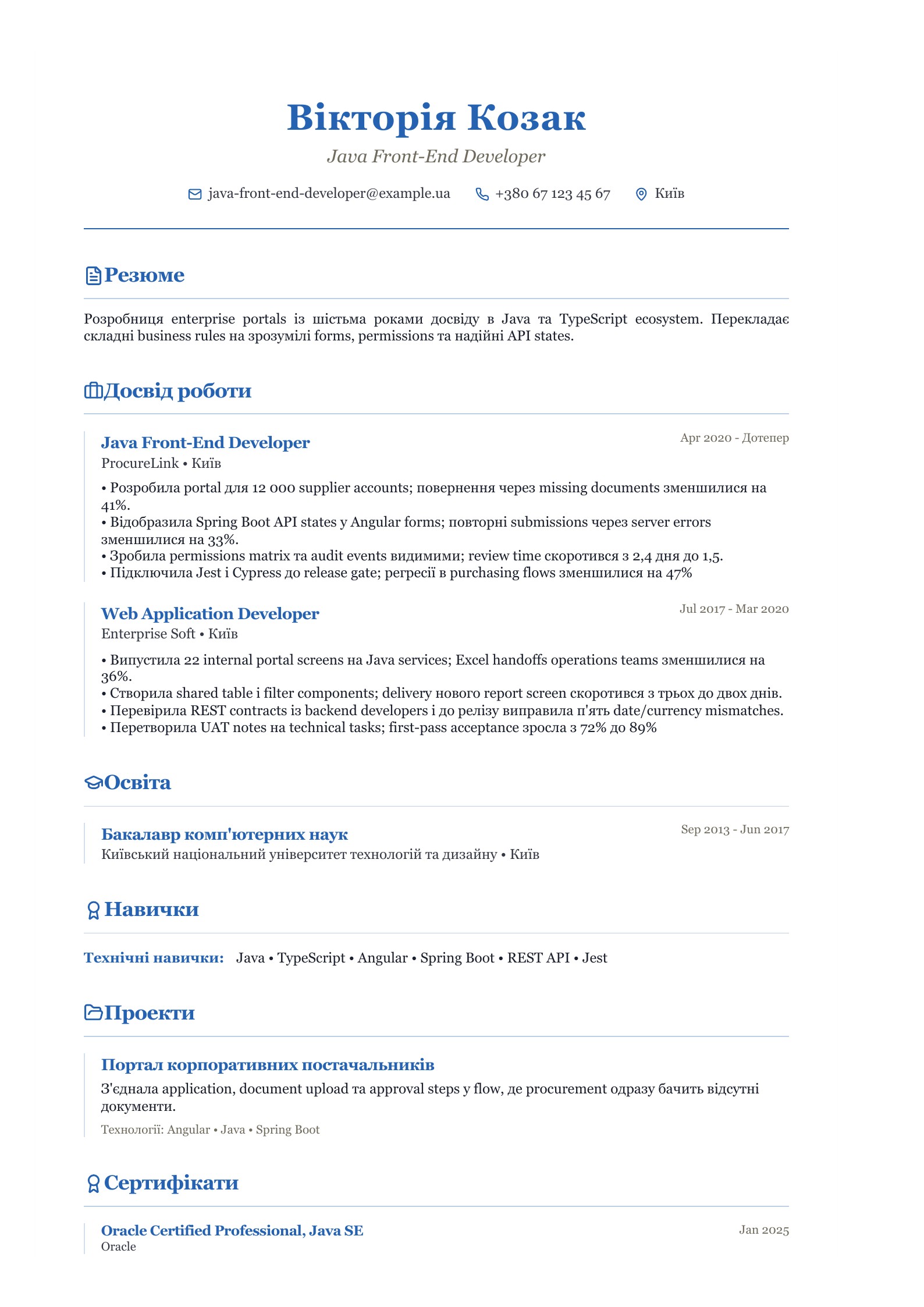 Резюме Java Front-End Developer - український приклад резюме