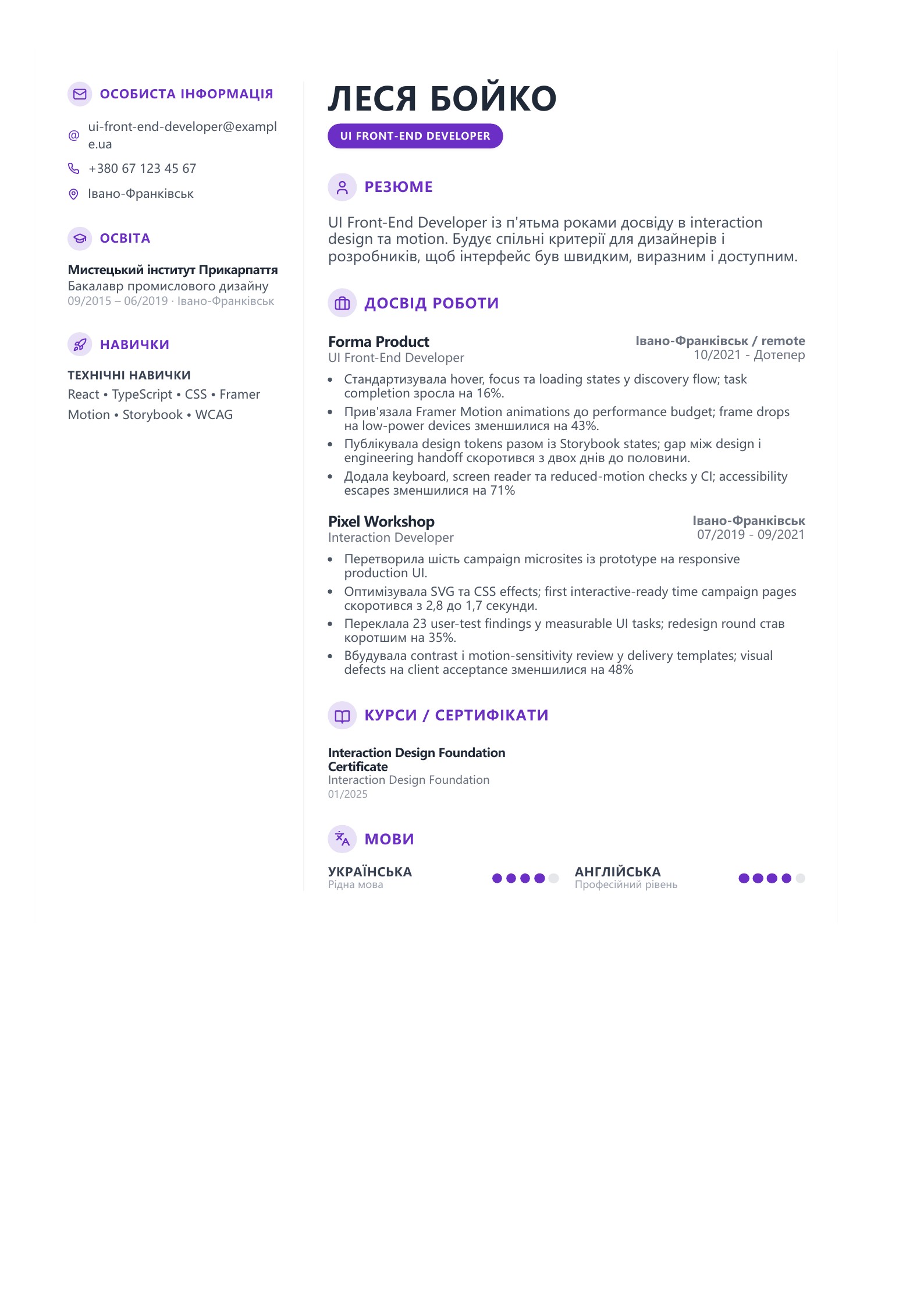 Резюме UI Front-End Developer - український приклад резюме