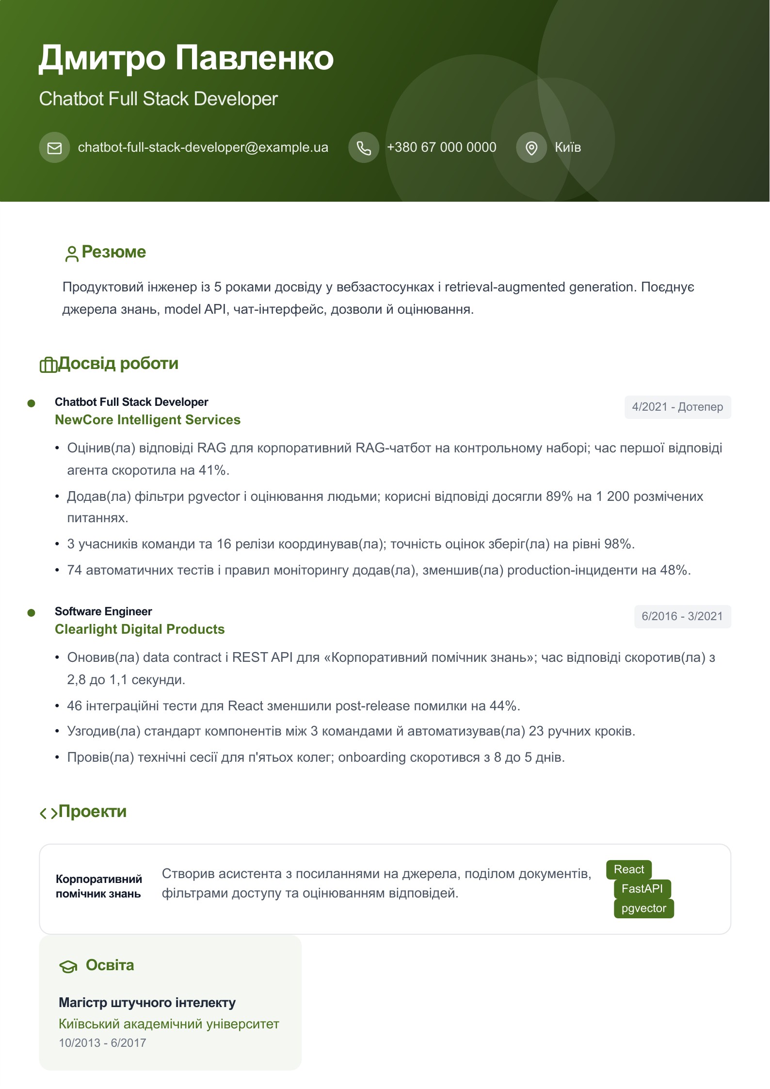 Резюме Chatbot Full Stack Developer - український приклад