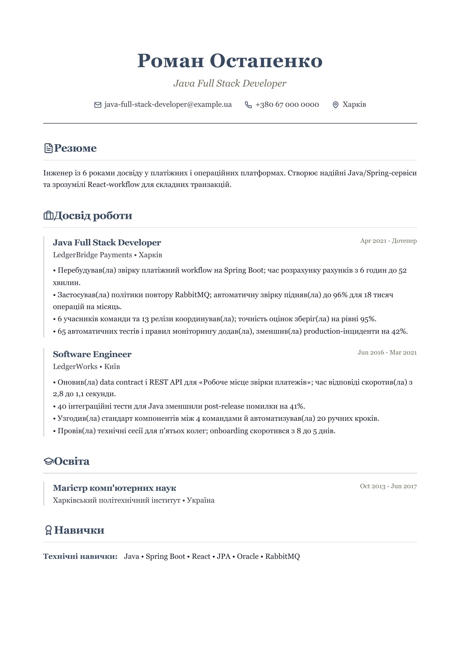 Резюме Java Full Stack Developer - український приклад