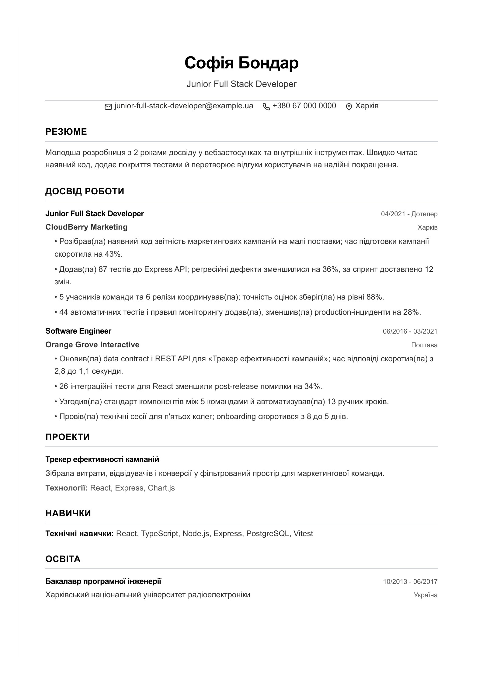 Резюме Junior Full Stack Developer - український приклад
