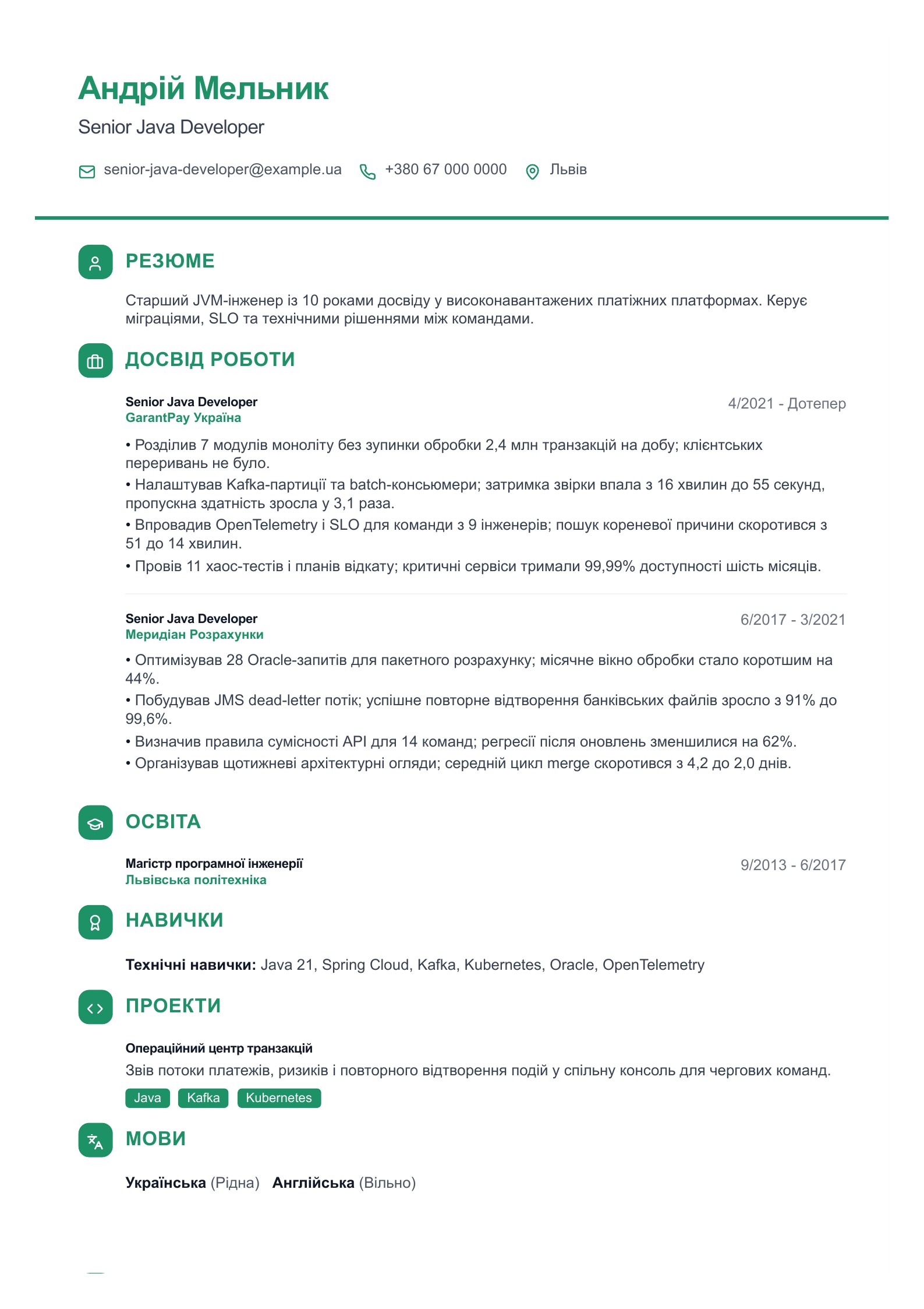Резюме Senior Java Developer - український приклад