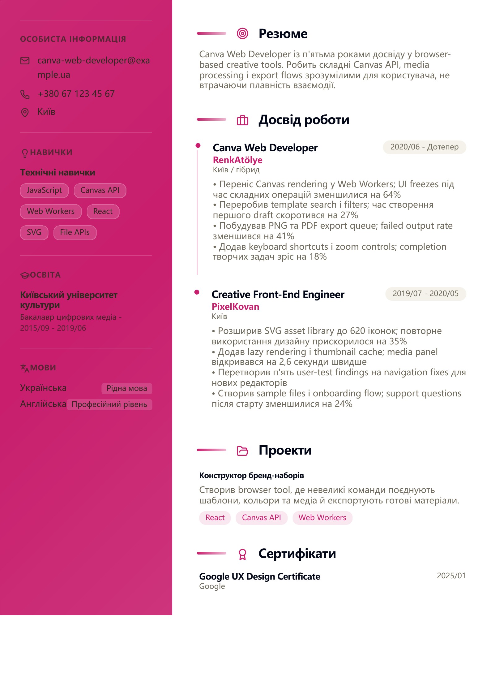 Резюме Canva Web Developer - український приклад