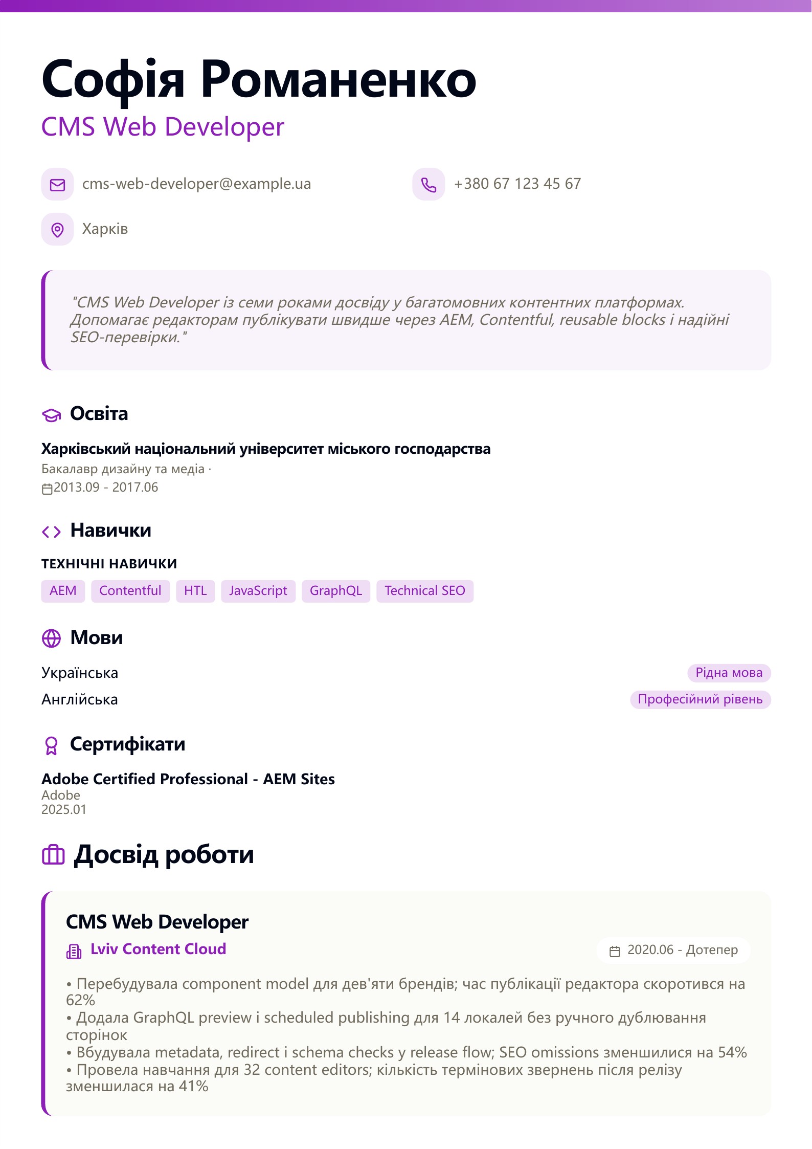 Резюме CMS Web Developer - український приклад