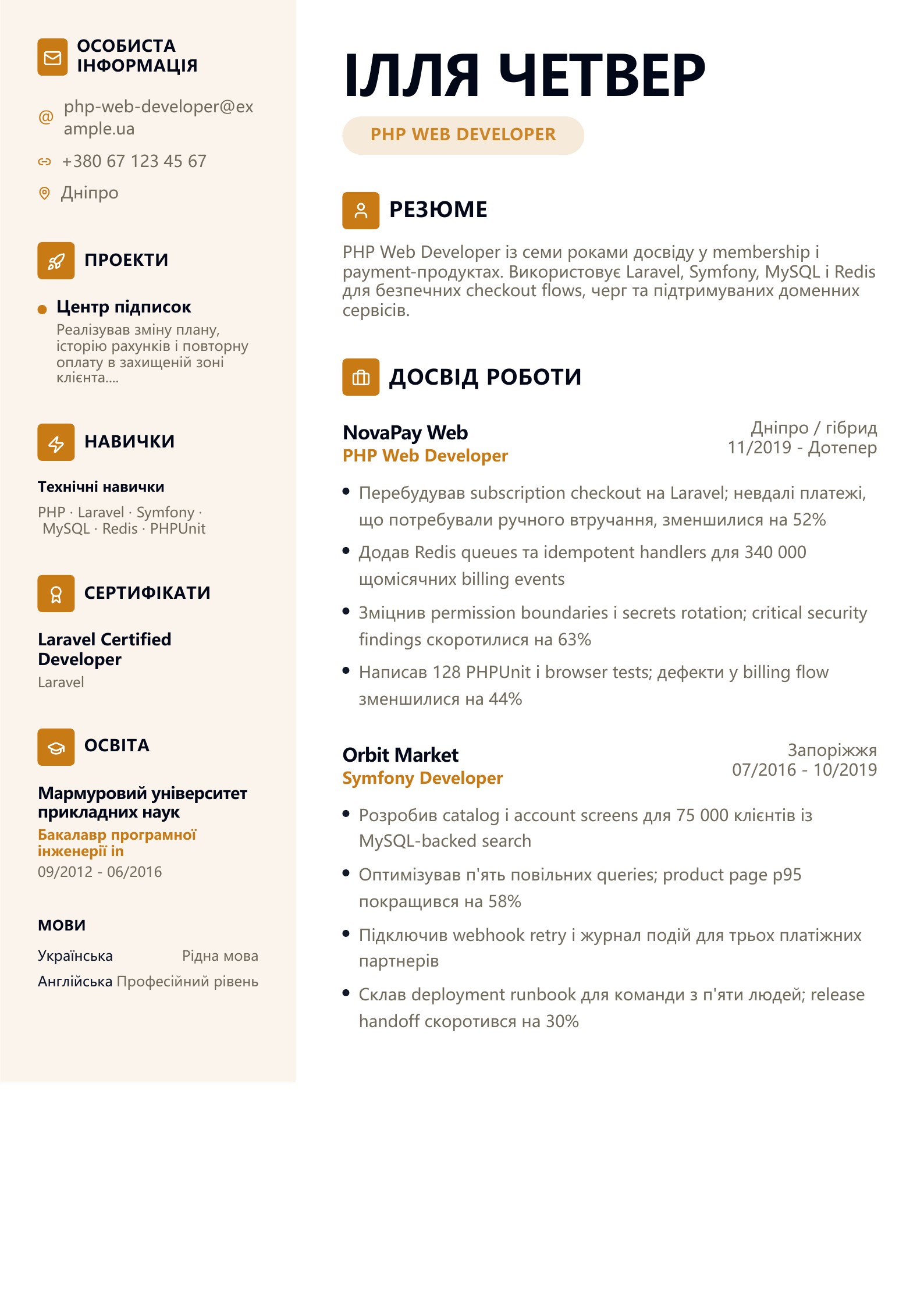 Резюме PHP Web Developer - український приклад