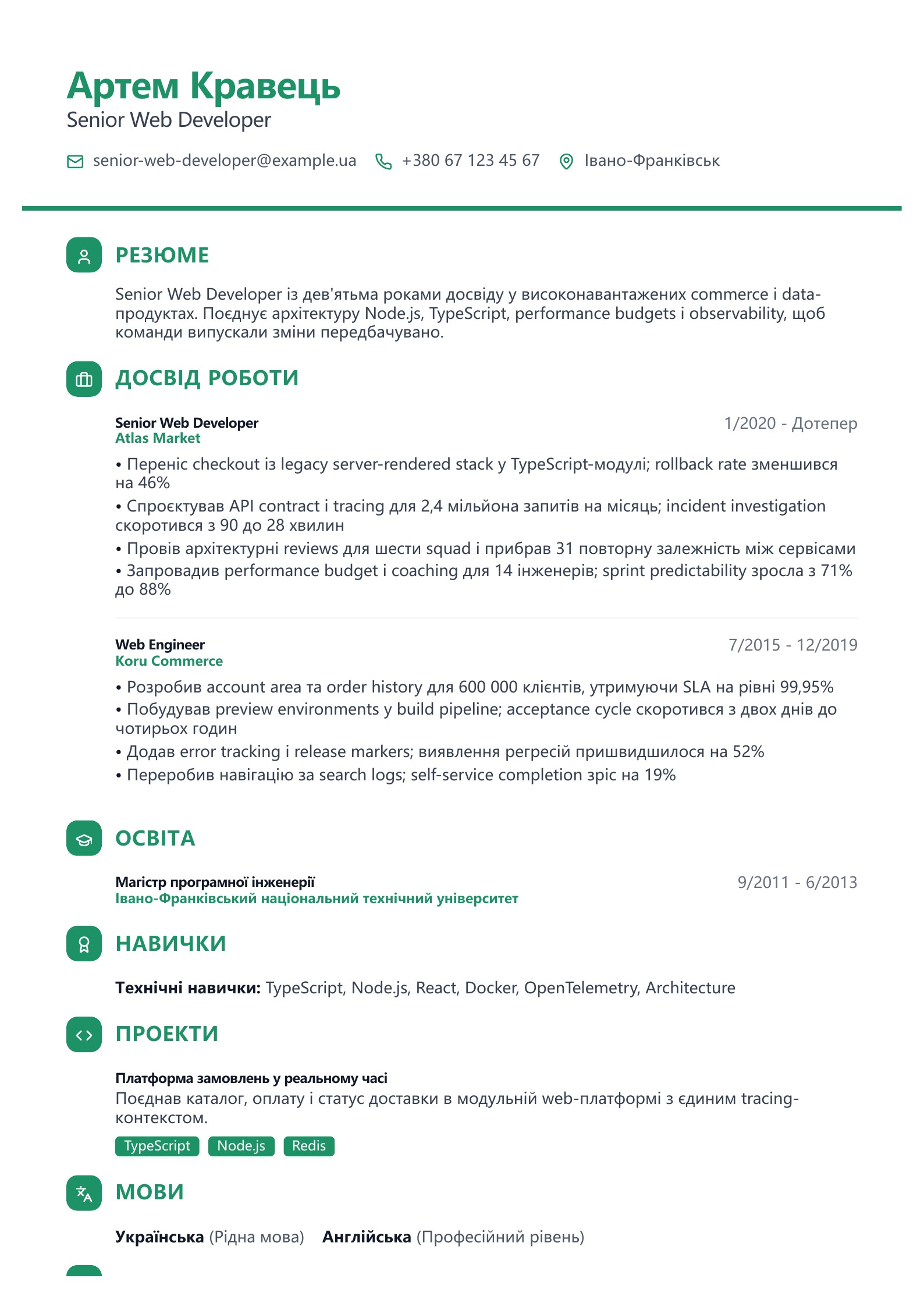 Резюме Senior Web Developer - український приклад