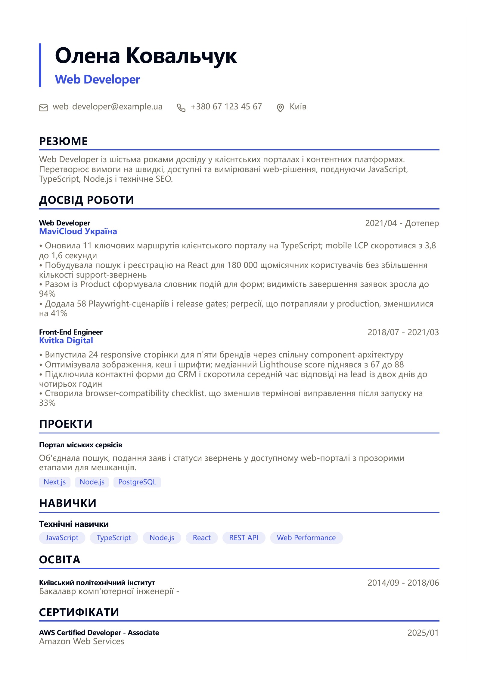 Резюме Web Developer - український приклад